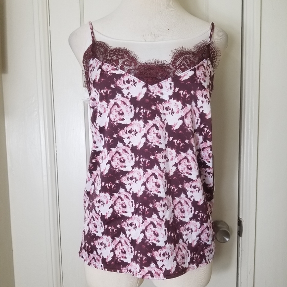 HALOGEN burgandy red pink floral lace trim adjustable straps v neck camisole top - Picture 3 of 10